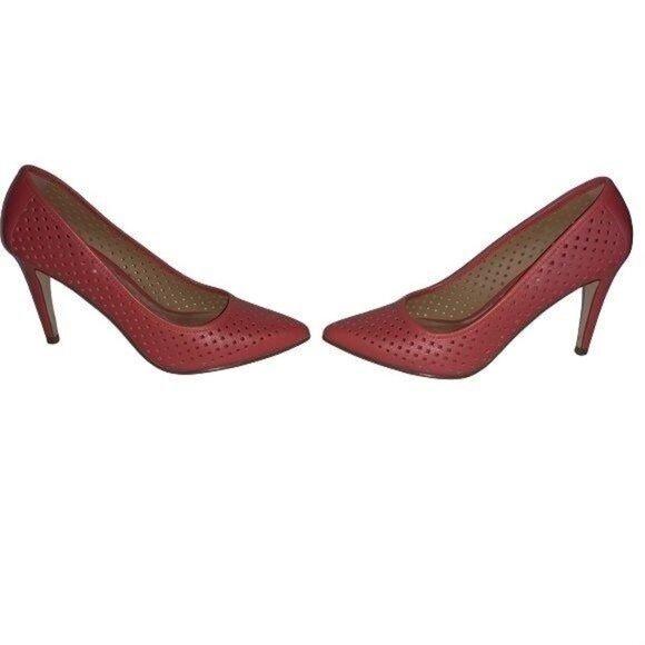 Halogen 8 Red Perforated Pointed-Toe Leather Heels 3.5" Stiletto Pumps - Picture 3 of 6